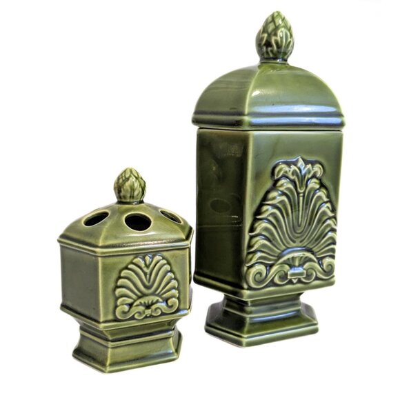 Vintage Green Japan Canister Counter Set of 2 Filigree Design Retro MCM - Picture 4 of 16